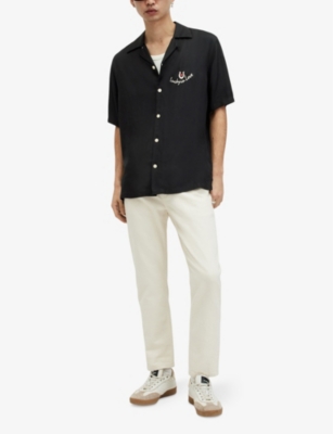 Shop Allsaints Men's Jet Black Chanceux Text Heart-embroidered Relaxed-fit Woven Shirt