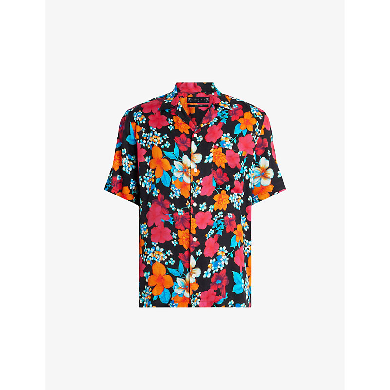 Shop Allsaints Men's Jet Black Spiros Floral-print Relaxed-fit Woven Shirt
