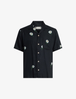 Shop Allsaints Men's Jet Black Daisical Floral-print Relaxed-fit Woven Shirt
