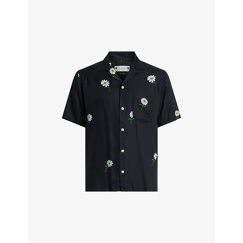 Shop Allsaints Men's Jet Black Daisical Floral-print Relaxed-fit Woven Shirt