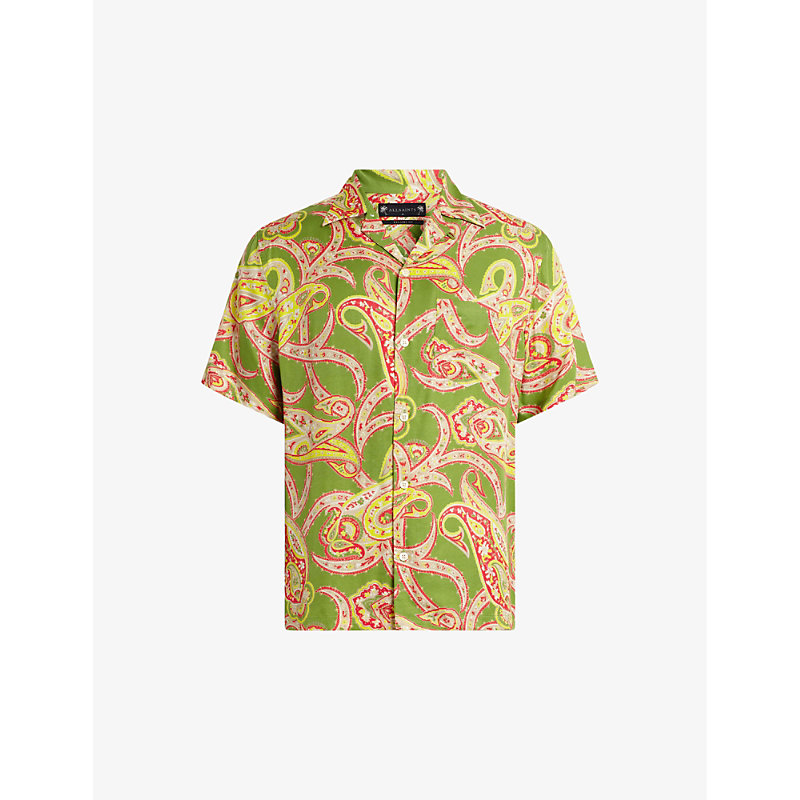 Shop Allsaints Men's Bright Green Morganza Paisley-print Relaxed-fit Woven Shirt