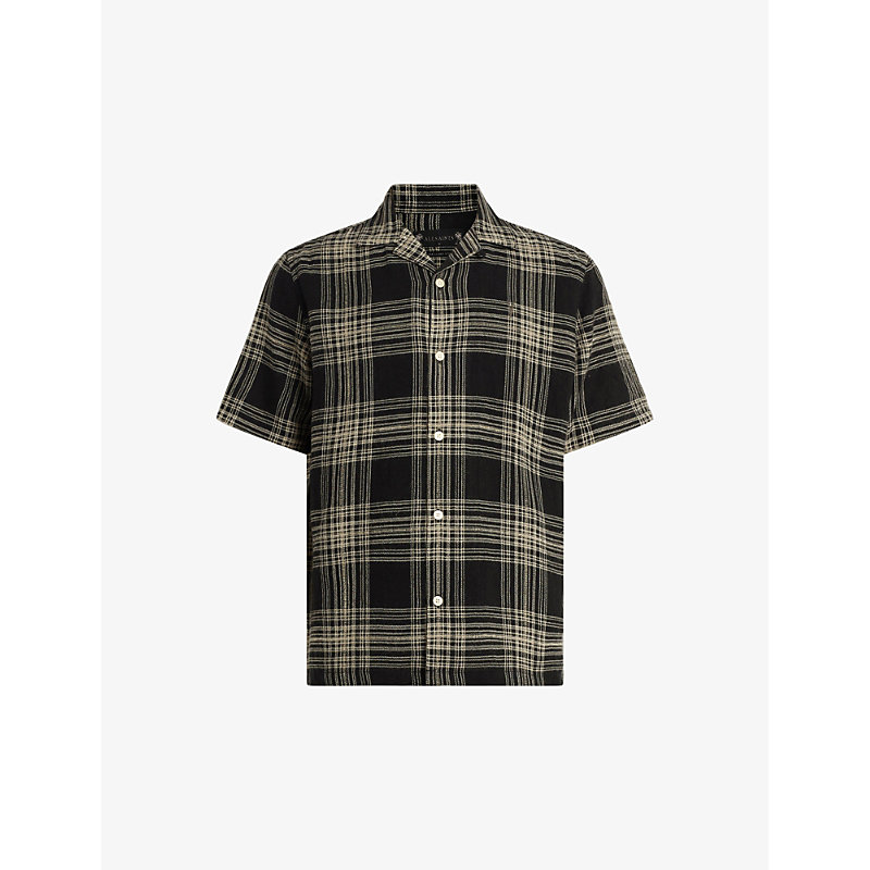 Shop Allsaints Men's Jet Black Padres Check-print Organic Cotton-blend Shirt