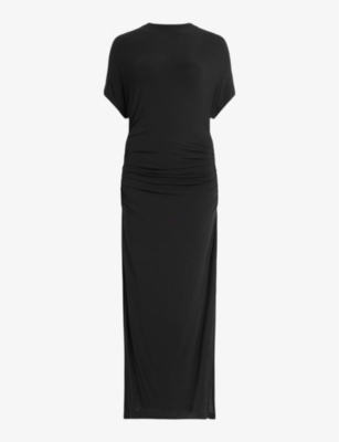 Shop Allsaints Women's Black Natalie Short-sleeve Gathered-side Stretch-jersey Midi Dress