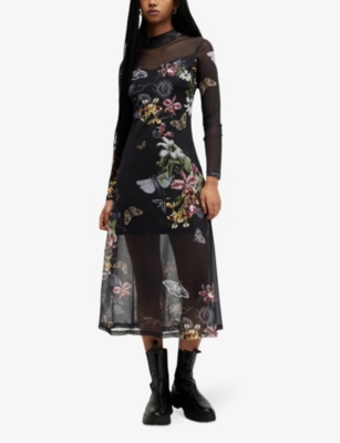 Allsaints Hanna Sanibel Floral Print Long Sleeve Mesh Maxi Dress In Black