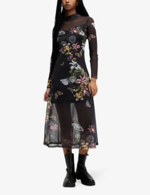 Shop Allsaints Hanna Floral-print Stretch-woven Midi Dress In Black