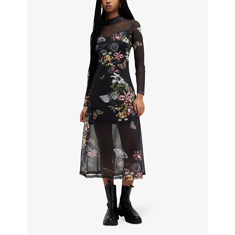 Shop Allsaints Hanna Floral-print Stretch-woven Midi Dress In Black