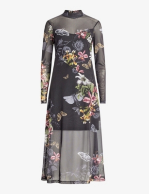Shop Allsaints Womens Black Hanna Floral-print Stretch-woven Midi Dress