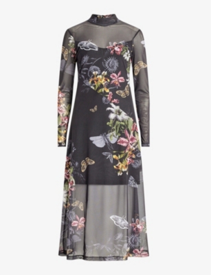 Allsaints Hanna Sanibel Floral Print Long Sleeve Mesh Maxi Dress In Black