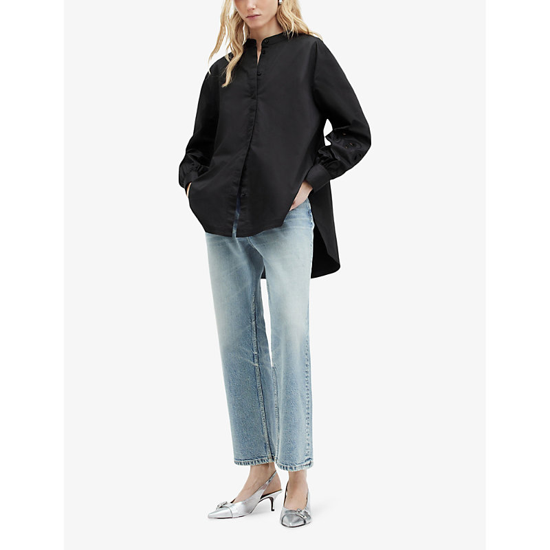 Shop Allsaints Marcie Val Embroidered-cuffs Relaxed-fit Organic-cotton Shirt In Black