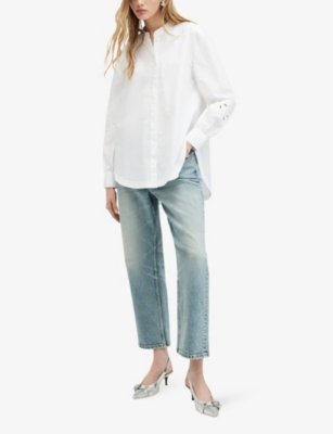 Shop Allsaints Women's White Marcie Val Embroidered-cuffs Relaxed-fit Organic-cotton Shirt