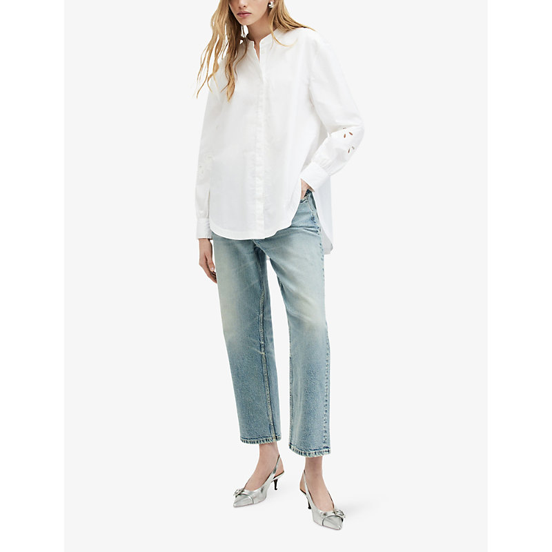 Shop Allsaints Marcie Val Embroidered-cuffs Relaxed-fit Organic-cotton Shirt In White