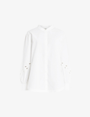 Shop Allsaints Women's White Marcie Val Embroidered-cuffs Relaxed-fit Organic-cotton Shirt