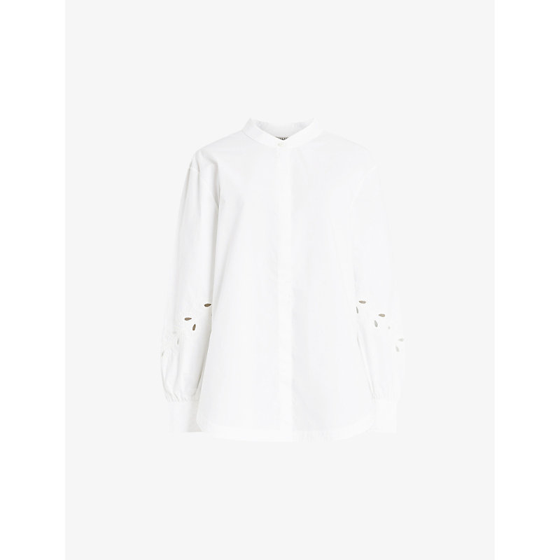 Shop Allsaints Marcie Val Embroidered-cuffs Relaxed-fit Organic-cotton Shirt In White