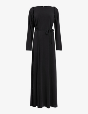 Shop Allsaints Women's Black Susanna Crew-neck Side-split Stretch-woven Maxi Dress
