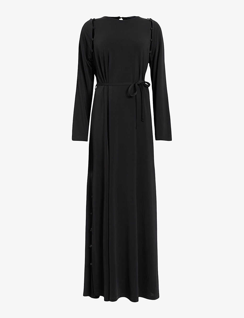 Shop Allsaints Women's Black Susanna Crew-neck Side-split Stretch-woven Maxi Dress