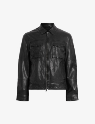 Shop Allsaints Mens Black Whilby Patch-pockets Leather Jacket