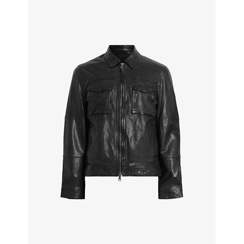 Shop Allsaints Mens Black Whilby Patch-pockets Leather Jacket
