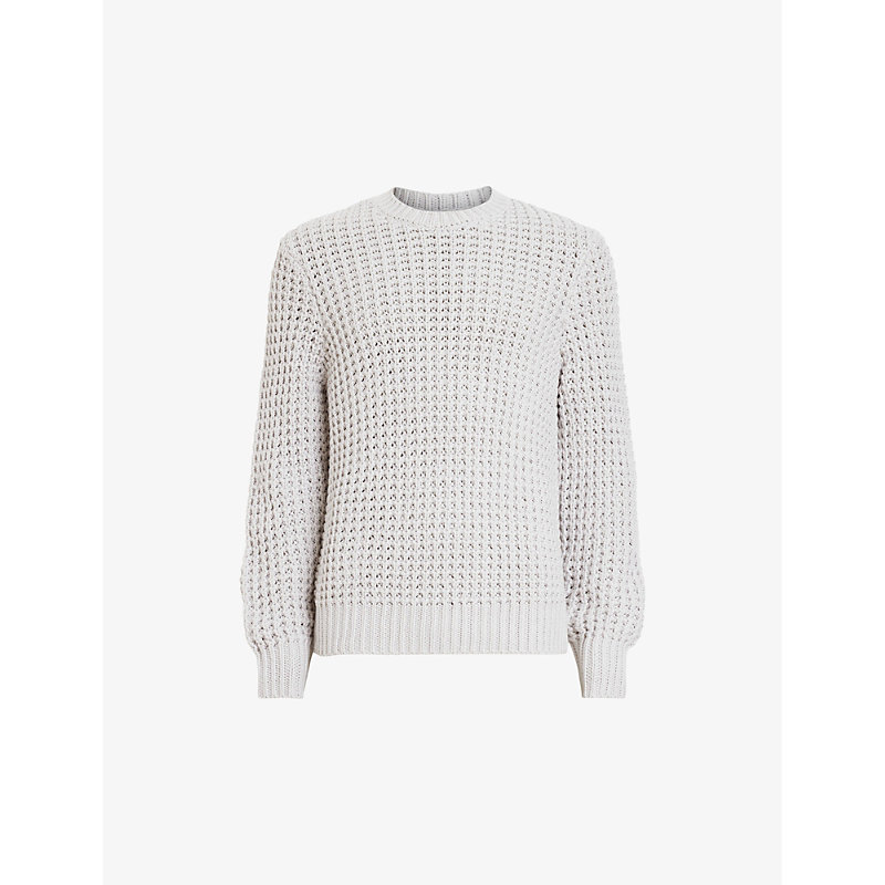 Shop Allsaints Illund Waffle-stitch Relaxed-fit Organic-cotton Jumper In Oyster Grey