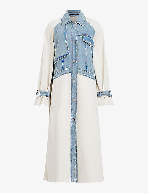 ALLSAINTS: Dayly denim-panel relaxed-fit stretch organic-cotton trench
