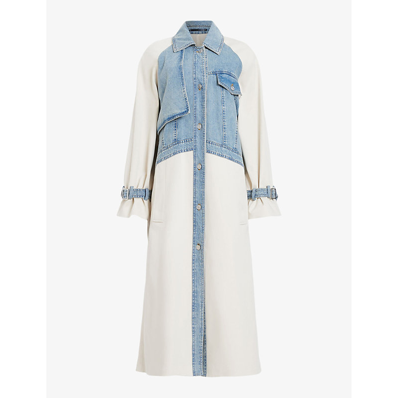 Allsaints Womens Stone White Dayly Denim-panel Relaxed-fit Stretch Organic-cotton Trench