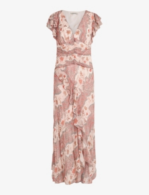 Allsaints Brea Floral Print Cascade Maxi Dress In Clay Pink