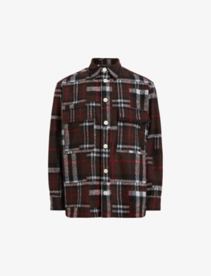ALLSAINTS ALLSAINTS MEN'S HENNA BROWN REDWOOD RELAXED-FIT CHECKED RECYCLED-POLYESTER AND WOOL-BLEND SHIRT