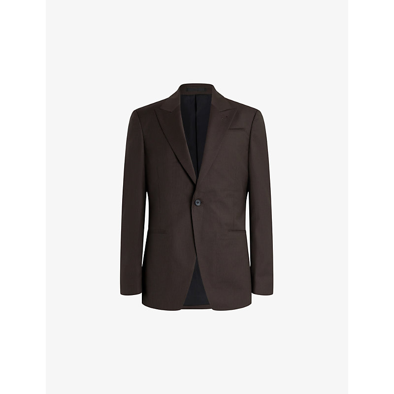 Allsaints Mens Tan Brown Thorpe Single-breasted Pinstripe Wool And Recycled Polyester-blend Blazer