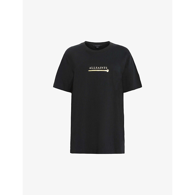Allsaints Perta Graphic-print Boyfriend-fit Organic-cotton T-shirt In Black