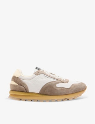 Allsaints Mens Taupe Rimini Logo-print Suede And Leather Low-top Trainers