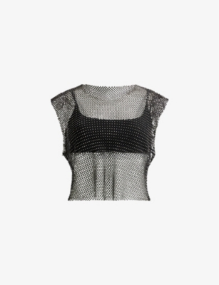 Allsaints Calytrix Sparkle Mesh Crop Top In Black