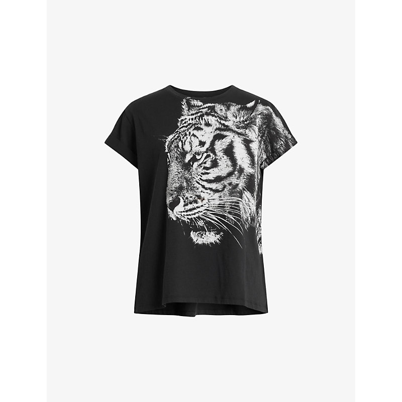 Shop Allsaints Women's Black Tigress Anna Tiger-print Organic-cotton T-shirt