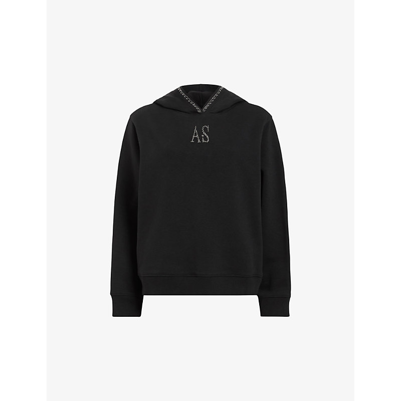 Allsaints Womens Black Pippa Scorpion-embroidered Relaxed-fit Organic-cotton Hoody