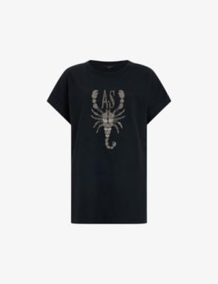 Allsaints Womens Black Scorpion Imogen Boy Bead-embellished Organic-cotton T-shirt