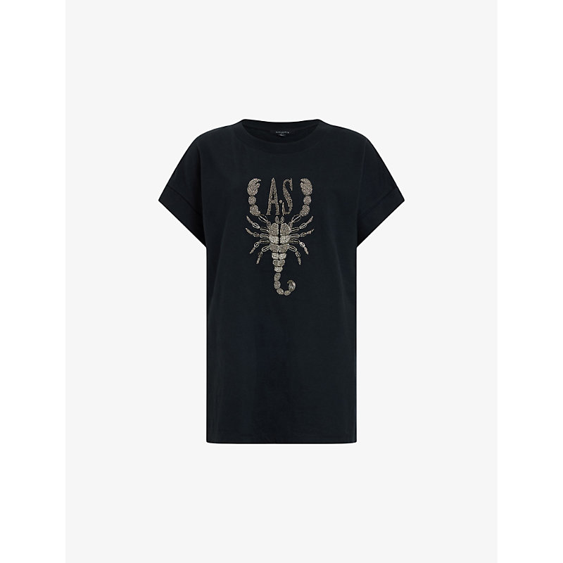 Allsaints Womens Black Scorpion Imogen Boy Bead-embellished Organic-cotton T-shirt