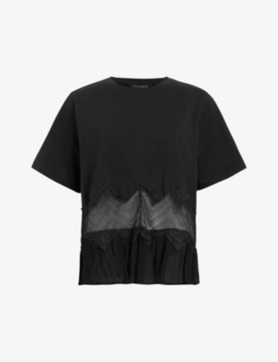 Shop Allsaints Women's Black Gracie Lace-embroidered Relaxed-fit Organic-cotton T-shirt