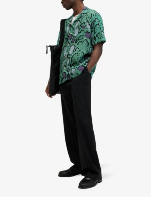 Shop Allsaints Men's Teal Green Serpenz Graphic-print Relaxed-fit Woven Shirt