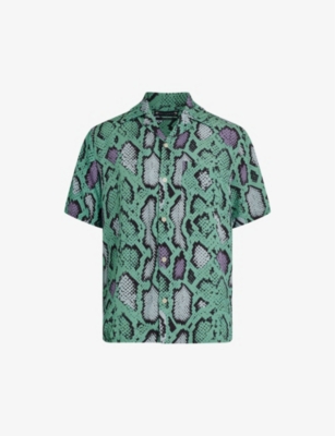 Shop Allsaints Men's Teal Green Serpenz Graphic-print Relaxed-fit Woven Shirt