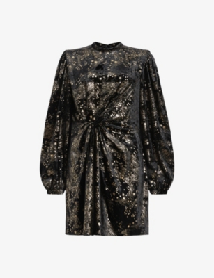 Allsaints Jemima Star Printed Wrap Over Mini Dress In Black
