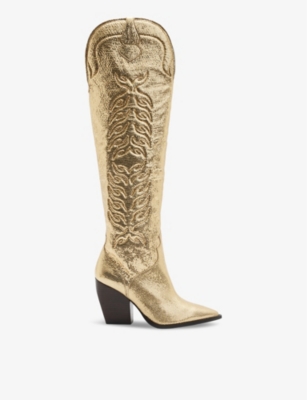 ALLSAINTS: Roxanne Western metallic-leather knee-high boots