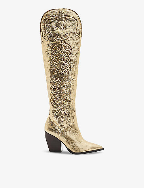 ALLSAINTS: Roxanne Western metallic-leather knee-high boots
