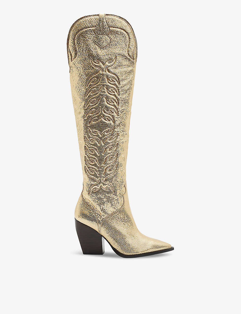 Shop Allsaints Roxanne Western Metallic-leather Knee-high Boots In Metallic Gold