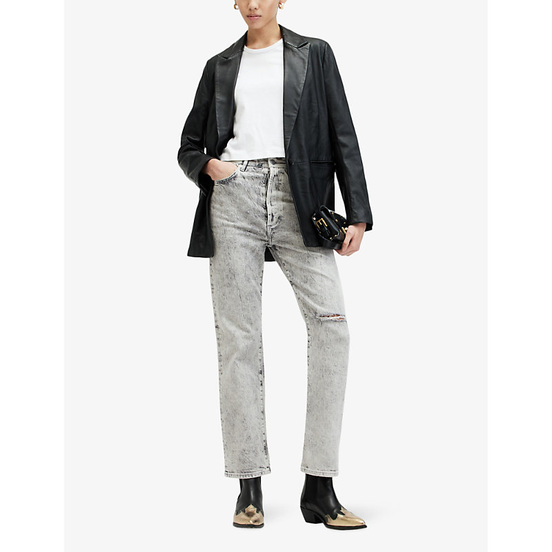 Shop Allsaints Edie Straight-leg High-rise Stretch-denim Jeans In Snow Grey