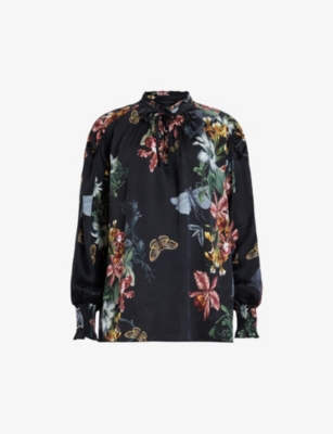 Shop Allsaints Women's Black Mari Sanibel Floral-print Woven Shirt
