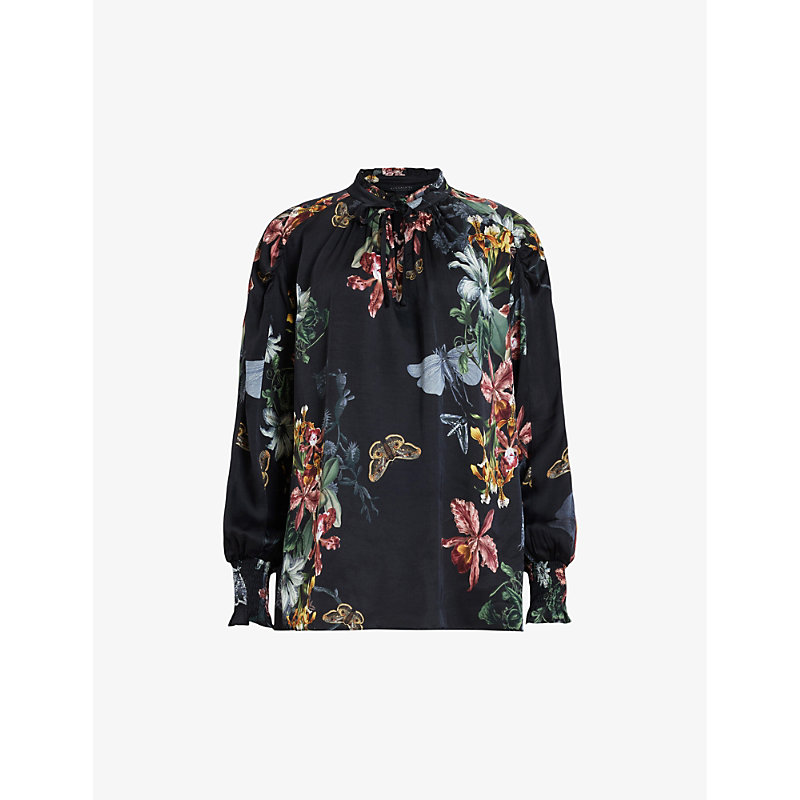 Shop Allsaints Women's Black Mari Sanibel Floral-print Woven Shirt