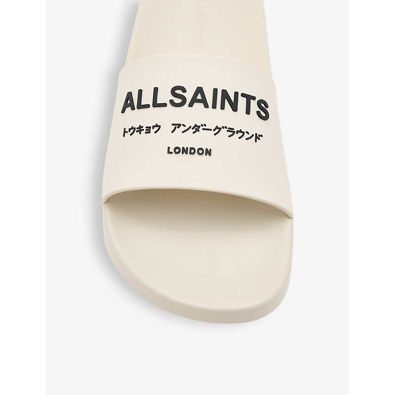Shop Allsaints Mens White Underground Logo-debossedrubber Sliders