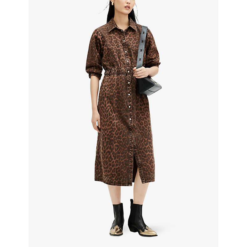 Shop Allsaints Osa Leopard-print Elasticated-waist Denim Midi Dress In Animal Brown