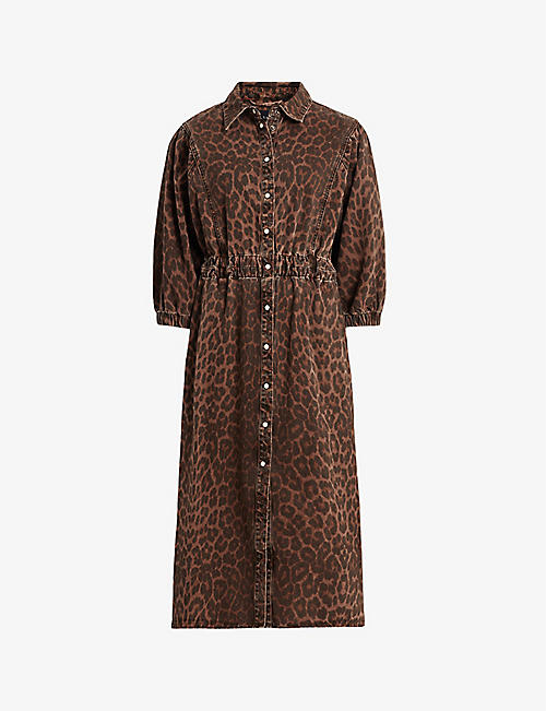 ALLSAINTS: Osa leopard-print elasticated-waist denim midi dress