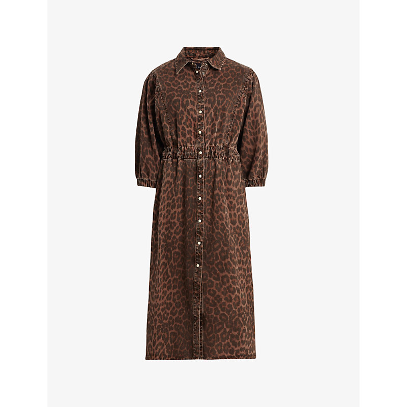 Shop Allsaints Women's Animal Brown Osa Leopard-print Elasticated-waist Denim Midi Dress