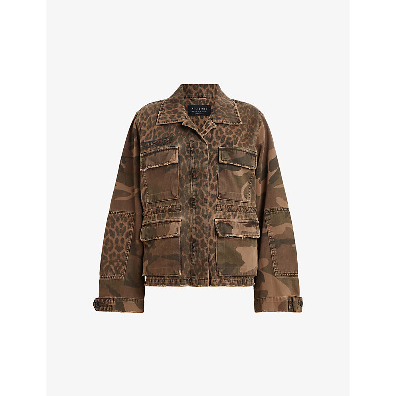 Shop Allsaints Women's Animal Brown Finch Leopard-print Camouflage Cotton Jacket