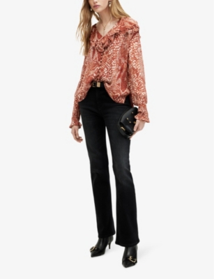 Shop Allsaints Womens Red Clay Phoebe Waimea Graphic-print Frill-neck Recycled-polyester Blouse